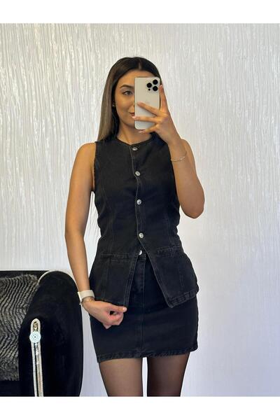 SHINE STYLE Anthracite Denim Crew Neck Vest Skirt Set