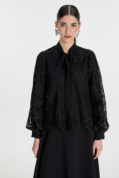 Zühre Bow Detailed Lace Black Double Set Tk-1452