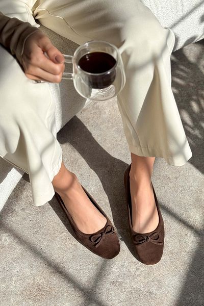 NİŞANTAŞI SHOES Matic Brown Prawdziwe Zamszowe Baleriny Damskie Płaskie Podeszwy Koronkowe Szczegóły