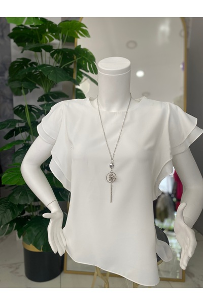 Anka Kolları Volanlı Krep Şifon Bluz