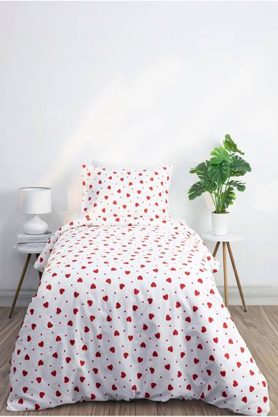 ÇIQRIK HOME Single Ranforce Duvet Cover Set with Elastic Sheets Crispy Heart Pattern