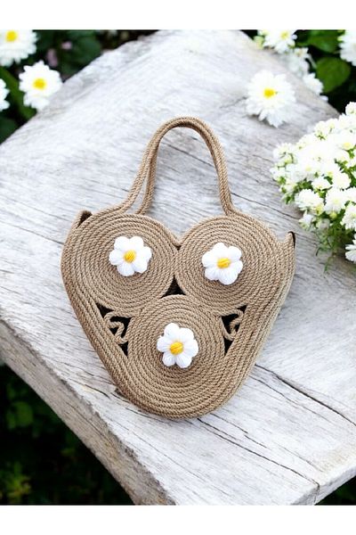 Collessia Home Handmade Jute Straw Bag Rope Bag with Daisy Motif