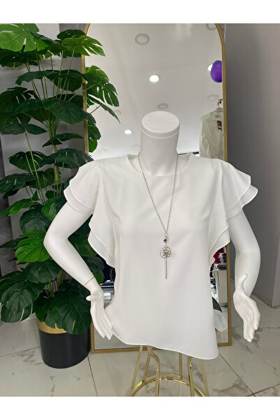 Anka Kolları Volanlı Krep Şifon Bluz