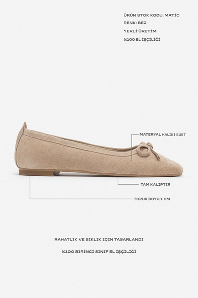 NİŞANTAŞI SHOES Matic béžové dámské baleríny z pravého semišu s detailním šněrováním a plochou podrážkou