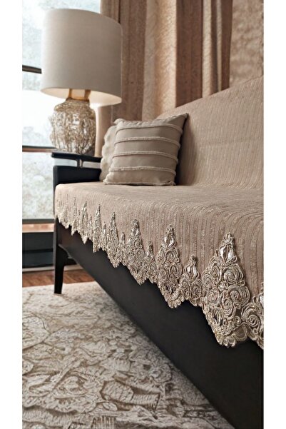 baladı home ev tekstil home collection Dantelli Çekyat Koltuk Örtüsü Mode Süngerli Kaymaz Taban Kadife Çizgili Kapıcino