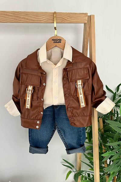 Minigimin Cicileri My Little One's Ciciler Leather Jacket Boy's Pocket Detailed Boy's 3-Piece Suit - Brown