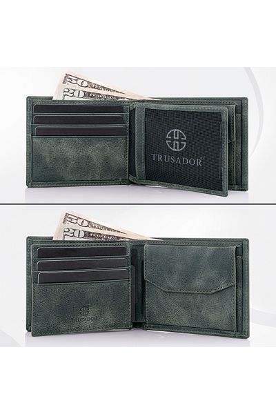 Trusador Treviso Classic Green Coin Pocket Genuine Leather Men's Wallet with Rfid Protection Gift