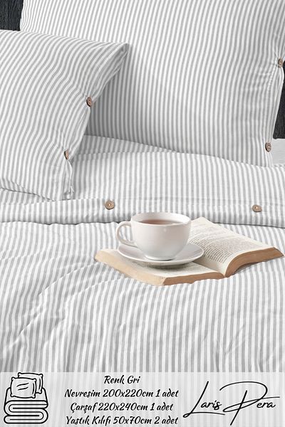 Larispera King Size Buttoned Cotton Ranforce Striped Duvet Cover Set King Size Duvet Coverset