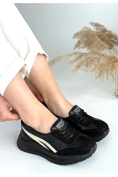 Erbilden Zitta Black Skin Gold Detailed Sports Shoes
