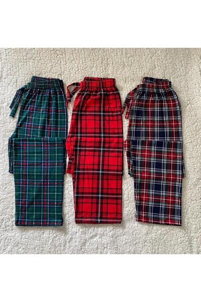 DÜVEN 3-Pack Plaid Check Patterned Cotton Women's Pajama Bottoms - 3 Single Bottom Pajamas - Premium Quality