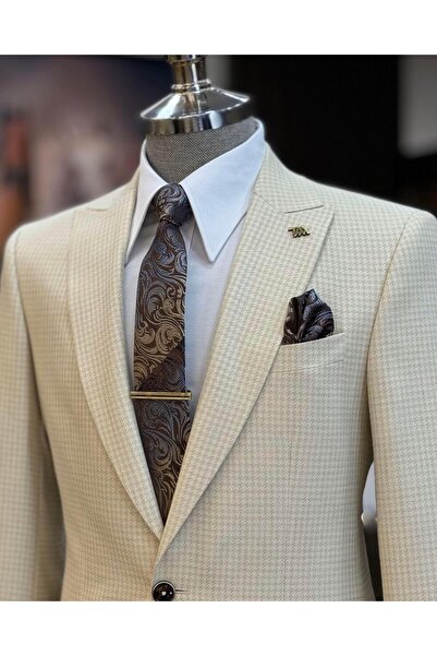 TerziAdemAltun Italian Style Slim Fit Houndstooth Pattern Men's Jacket Beige T12538