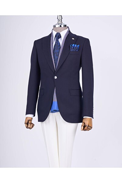 TerziAdemAltun Ανδρικό μπουφάν με μυτερό γιακά ιταλικού στυλ navy blue T13236