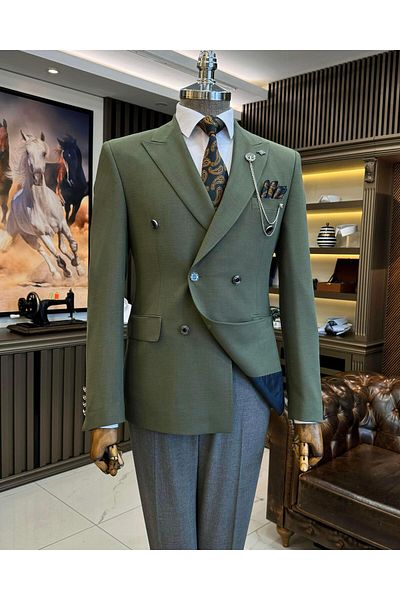 TerziAdemAltun Jachetă pentru bărbați, verde, slim fit, amestecat de in, cu două piepturi - guler înghițit T11983