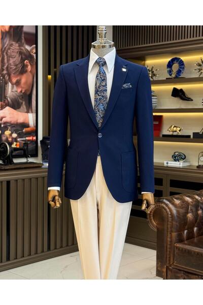 TerziAdemAltun Italian Style Slim Fit Bag Pocket Male Jacket Navy Blue T12224