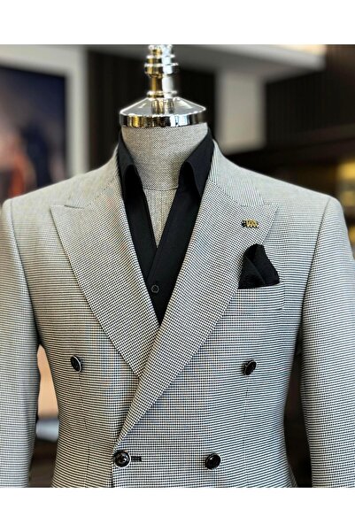 TerziAdemAltun Italian Style Slim Fit Houndstooth Pattern Double Breasted Men's Jacket Black T12624