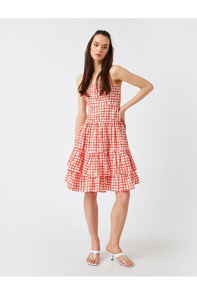 Koton Plaid Patterned Midi Length Ruffle Strappy Dress