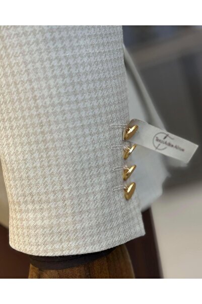 TerziAdemAltun Italian Style Slim Fit Houndstooth Pattern Double Breasted Men's Jacket Beige T12551