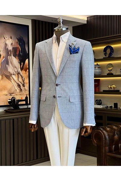 TerziAdemAltun Ανδρικό καρό ανδρικό μπουφάν slim fit ιταλικού στυλ μπλε T12548