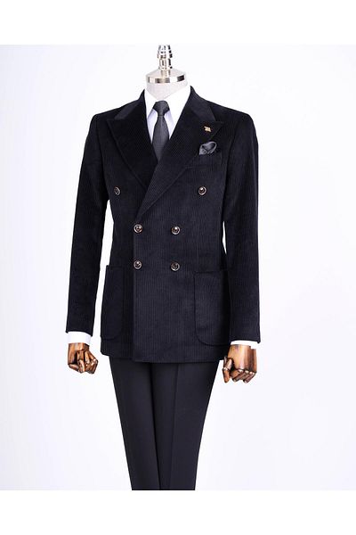 TerziAdemAltun Italian Style Slim Fit Velvet Double Breasted Single Jacket Black T13451