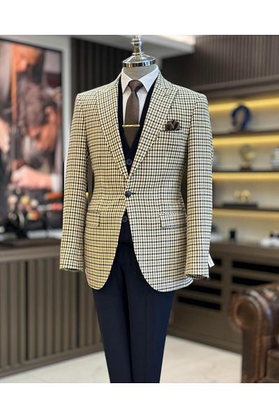 TerziAdemAltun Jachetă pentru bărbați în stil italian slim fit cu model picioare de găin verde T13043