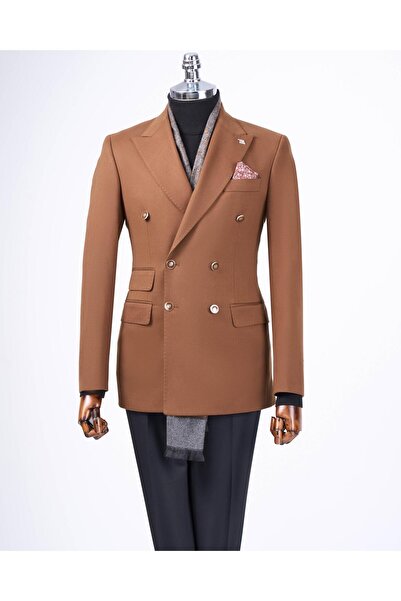 TerziAdemAltun Ανδρικό παλτό ιταλικού στυλ slim fit με διπλό μυτερό γιακά καφέ T13295