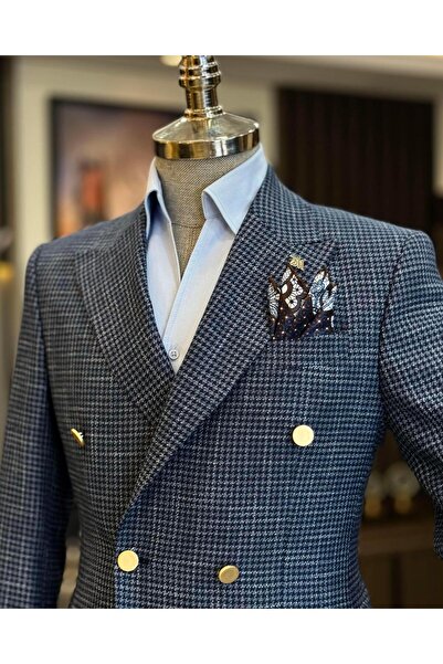 TerziAdemAltun Italian style slim fit houndstooth double-breasted men's jacket navy blue T12554