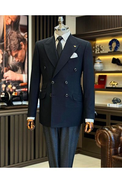 TerziAdemAltun Jachetă pentru bărbați în stil italian slim fit la două piept negru T12235