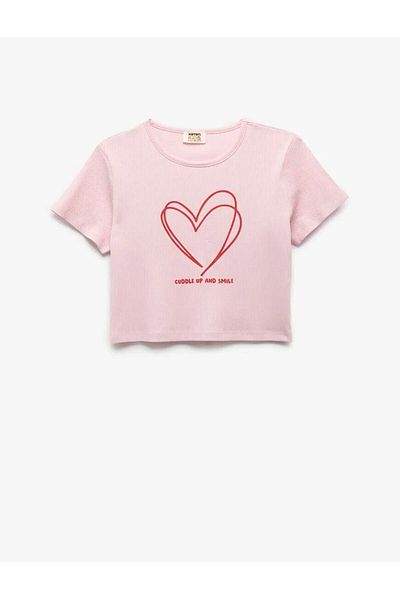 Koton Cotton Heart Printed Short Sleeve Pink Girl's T-Shirt 5Skg10238Ak