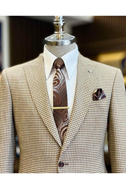 TerziAdemAltun Italian Style Slim Fit Houndstooth Pattern Men Jacket Brown T12545