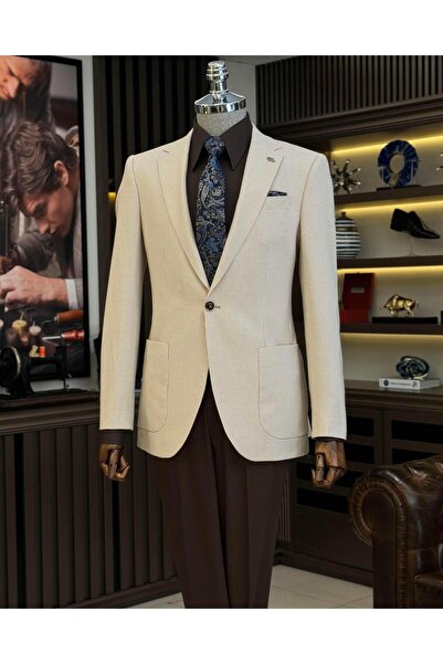 TerziAdemAltun Ανδρικό μπουφάν ιταλικού στυλ s εφαρμοστό τσέπες μπεζ T12240