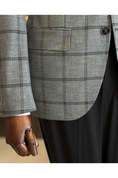 TerziAdemAltun Classic Cut Regular Fit Mono Collar Plaid Men's Jacket Anthracite T12502