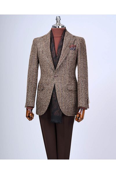 TerziAdemAltun Jachetă unică pentru bărbați, slim fit, mono guler, în stil italian, maro T13594