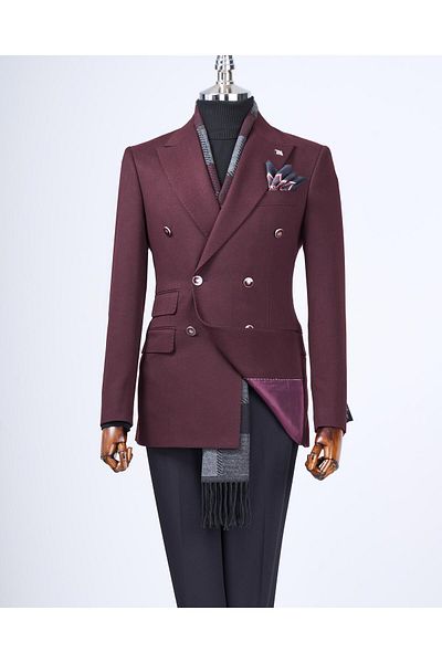 TerziAdemAltun Italian Style Slim Fit Double Breasted Pointed Collar Men's Jacket Burgundy T13293