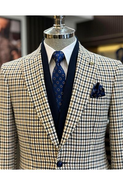 TerziAdemAltun Italian Style Slim Fit Houndstooth Pattern Men's Jacket Navy Blue T13046