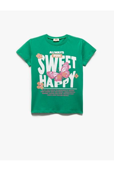 Koton Tricou pentru fetiță, din bumbac, cu decolteu, imprimat cu fluturi, verde 5skg10230ak