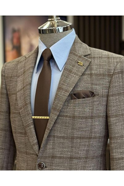 TerziAdemAltun κλασική εφαρμογή κανονική εφαρμογή μονό γιακά καρό ανδρικό μπουφάν καφέ T12504