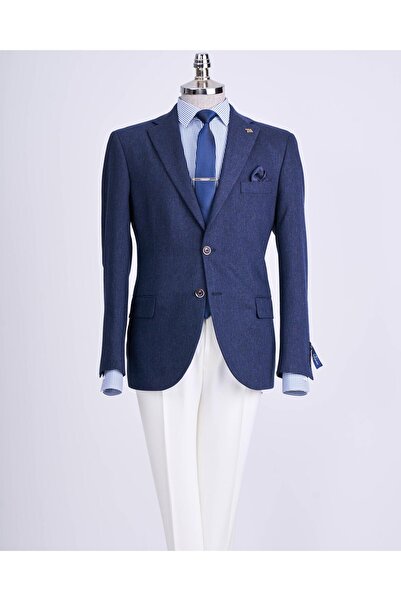 TerziAdemAltun Ανδρικό μονό μπουφάν με μονό γιακά ιταλικού στυλ slim fit 4 drop navy blue T13484