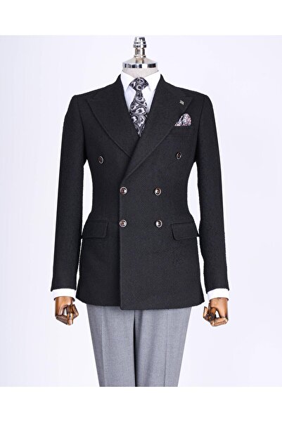 TerziAdemAltun Italian Style Slim Fit Double Breasted Men's Single Jacket Black T13354