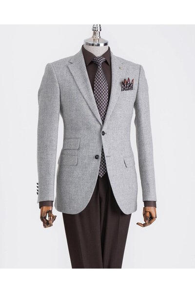 TerziAdemAltun Italian Style Slim Fit Mono Collar Men's Single Jacket Gray T13348