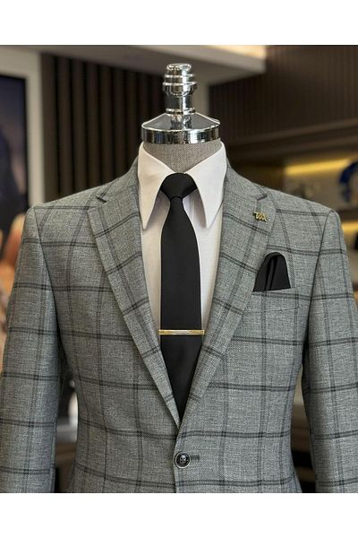 TerziAdemAltun Classic Cut Regular Fit Mono Collar Plaid Men's Jacket Anthracite T12502