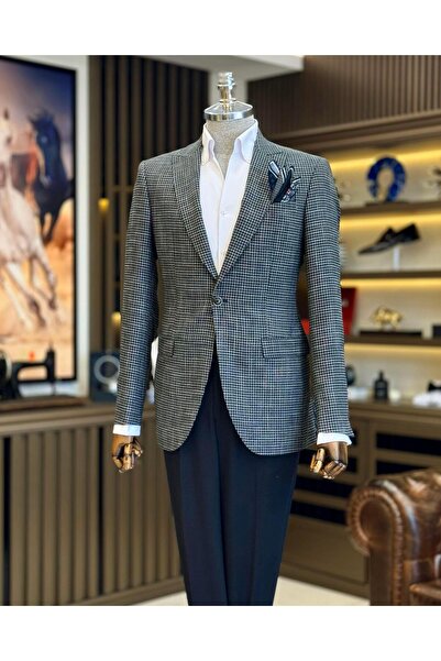 TerziAdemAltun Italian Style Slim Fit Houndstooth Pattern Men Jacket Black T12540