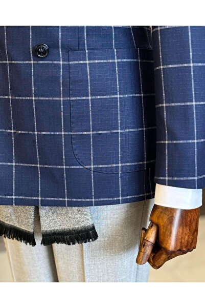 TerziAdemAltun Italian Style Slim Fit Plaid Double Breasted Men's Single Jacket Navy Blue T12892