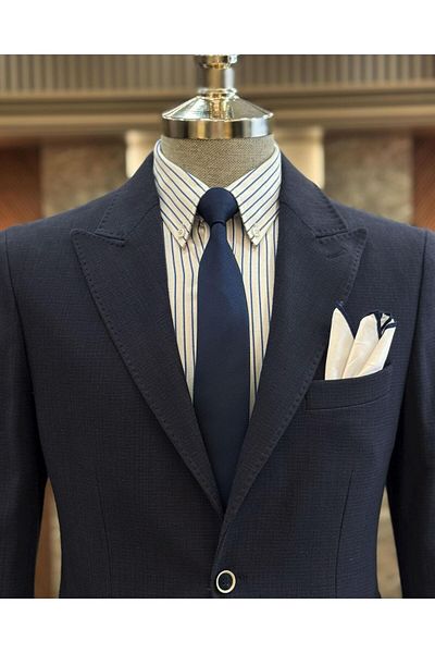 TerziAdemAltun Jachetă pentru bărbați din in, slim fit, în stil italian, albastru bleumarin T11671