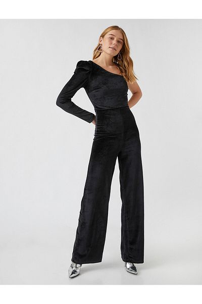 Koton Velvet One Shoulder Detailed Jumpsuit
