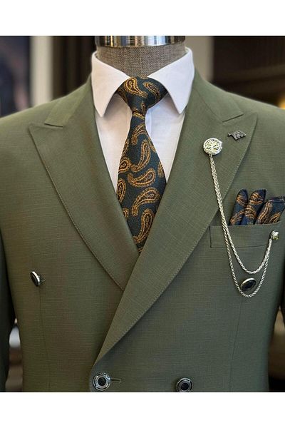 TerziAdemAltun Jachetă pentru bărbați, verde, slim fit, amestecat de in, cu două piepturi - guler înghițit T11983