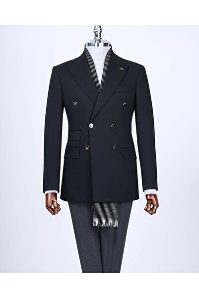 TerziAdemAltun Italian Style Slim Fit Double Breasted Peaked Collar Men's Jacket Black T13290