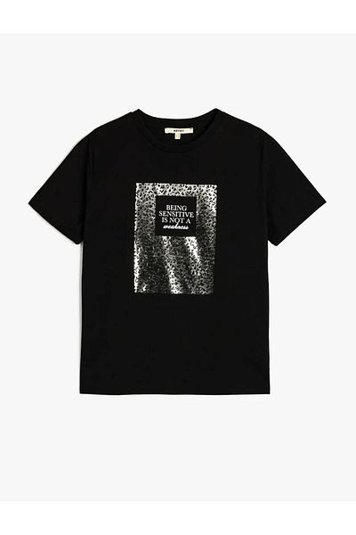 Koton Crew Neck Short Sleeve Metallic Printed Black Women's T-Shirt 5Sak50116Ek