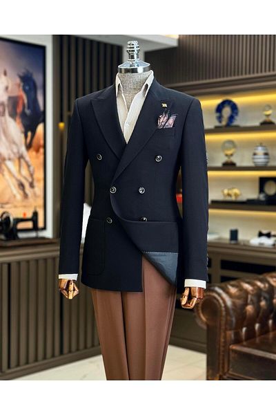 TerziAdemAltun Jachetă pentru bărbați în stil italian slim fit la două piept negru T12226