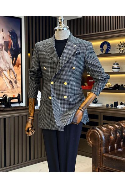 TerziAdemAltun Jachetă pentru bărbați în stil italian slim fit cu model picioare de găină, neagră T12553