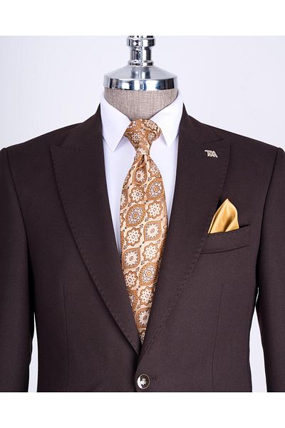 TerziAdemAltun Ανδρικό παλτό ιταλικού στυλ slim fit με μυτερό γιακά καφέ T13237